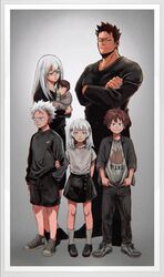  2girls 4boys aged_down alternate_universe baby blue_eyes blurry boku_no_hero_academia carrying child_carry crossed_arms endeavor_(boku_no_hero_academia) facial_hair family hand_in_pocket heterochromia highres holding_another&#039;s_arm lolicon long_hair looking_at_viewer looking_away medium_hair multicolored_hair multiple_boys multiple_girls pepepecoooooo photo_(object) red_eyes red_hair short_hair siblings spiked_hair standing stubble todoroki_fuyumi todoroki_natsuo todoroki_rei todoroki_shouto todoroki_touya two-tone_hair vignetting white_hair 