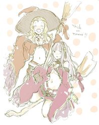  2girls alternate_costume black_hair blonde_hair breasts broom cleavage cosplay fire_emblem fire_emblem_fates halloween halloween_costume hat hime_cut holding holding_broom ka_ma_(nuko_kam) long_hair medium_breasts multiple_girls navel nowi_(fire_emblem) nowi_(fire_emblem)_(cosplay) nowi_(halloween)_(fire_emblem) open_mouth ophelia_(fire_emblem) rhajat_(fire_emblem) short_shorts shorts smile sweatdrop teeth upper_teeth_only witch witch_hat 