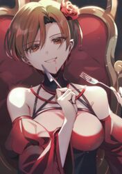  akujiki_musume_conchita_(vocaloid) banica_conchita bare_shoulders blood blood_from_mouth brown_eyes brown_hair detached_sleeves dress evillious_nendaiki female flower fork hair_flower hair_ornament holding holding_fork holding_knife knife meiko_(vocaloid) nanase_(nns_6077) off-shoulder_dress off_shoulder short_hair smile solo vocaloid 