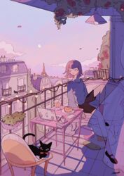  artist_name balcony black_cat brown_hair building chair closed_eyes closed_mouth commentary_request computer cup dessert feline female flower food fork from_side laptop light long_legs original outdoors plate purple_theme railing ronoh_(jill) shadow shirt sitting solo table 