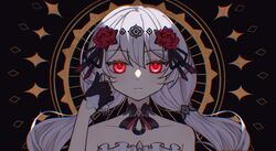  black_dress black_gloves closed_mouth dress female flower gloves hair_flower hair_ornament highres honkai_(series) honkai_impact_3rd long_hair looking_at_viewer mira_(cevio) qian_xii red_eyes red_flower red_rose rose sleeveless sleeveless_dress smile theresa_apocalypse theresa_apocalypse_(luna_kindred) twintails white_hair 