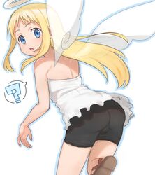  1other ? angel angel_wings black_shorts blonde_hair blue_eyes crimvael dress from_behind halo ishuzoku_reviewers komiya_harumoto long_hair looking_at_viewer looking_back off-shoulder_dress off_shoulder open_mouth sandals shorts sidelocks solo speech_bubble spoken_question_mark white_dress white_wings wings 