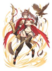  animal armor armored_boots bare_shoulders bird black_gloves black_panties boots bow_(weapon) breasts brown_eyes brown_hair brown_thighhighs cape center_opening choker commentary_request eagle feathers female full_body gauntlets glint gloves groin hand_up headgear highres holding holding_bow_(weapon) holding_weapon houchi_shoujo japanese_armor jchoy large_breasts long_hair looking_at_viewer navel panties parted_lips ponytail revealing_clothes shoulder_armor sidelocks simple_background sleeveless sode solo stomach thighhighs underboob underwear weapon white_background 