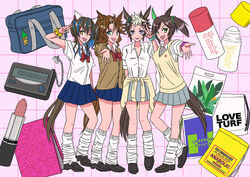  4girls animal_ears aqua_eyes arm_up bag bag_charm black_footwear blue_skirt boogie_february bow breasts brown_cardigan brown_hair cardigan charm_(object) clothes_around_waist commentary_request daitaku_helios_(umamusume) deodorant ear_covers ear_ornament ear_piercing full_body green_eyes grey_skirt grid_background gyaru hair_between_eyes horse_ears horse_girl horse_tail ines_fujin_(umamusume) kogal lip_balm loafers long_sleeves looking_at_viewer loose_socks medium_breasts medium_hair mejiro_palmer_(umamusume) mejiro_ryan_(umamusume) multicolored_hair multiple_girls open_mouth outstretched_arm pedometer piercing pink_background pleated_skirt purple_eyes red_bow scrunchie shirt shoes short_hair short_sleeves shoulder_bag side_ponytail single_ear_cover skirt sleeves_rolled_up smile socks streaked_hair sweater sweater_around_waist tail tongue tongue_out umamusume v vest white_hair white_shirt wrist_scrunchie 