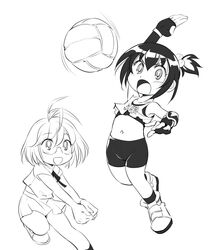  2girls antenna_hair ball bike_shorts commentary_request crop_top dodgeball elbow_pads fingerless_gloves funnyari glasses gloves hair_bobbles hair_ornament honoo_no_toukyuujo:_dodge_danko ichigeki_danko jumping kobotoke_chinko monochrome multiple_girls navel one_side_up open_mouth shoes skirt stomach 