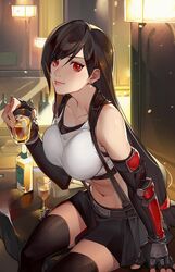  alcohol bare_shoulders belt belt_buckle black_hair breasts buckle collarbone crop_top crow0cc cup earrings elbow_gloves female final_fantasy final_fantasy_vii final_fantasy_vii_remake fingerless_gloves gloves highres holding holding_cup indoors jewelry large_breasts long_hair looking_at_viewer midriff navel red_eyes sitting skirt sleeveless solo stomach thighhighs tifa_lockhart 