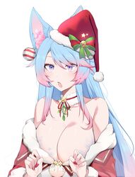  absurdres animal_ear_fluff animal_ears blue_eyes blue_hair breasts christmas cleavage collar eyeliner female fur_collar fur_trim hair_ornament hat highres kasagi_uwu large_breasts leotard looking_at_viewer makeup multicolored_hair nail_polish open_mouth pink_hair red_eyeliner red_headwear red_nails santa_costume santa_hat santa_leotard silvervale silvervale_(christmas_2022) streaked_hair swept_bangs virtual_youtuber vshojo white_collar white_leotard wolf_ears wolf_girl 