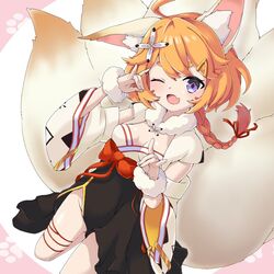  ahoge animal_ears braid breasts double_fox_shadow_puppet eight-tailed_fox_nari female fox_ears fox_girl fox_shadow_puppet fox_tail guardian_tales hair_ornament hairclip highres korean_clothes one_eye_closed open_mouth orange_hair purple_eyes schnee_tan simple_background small_breasts solo tail 