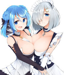  2girls alternate_costume apron belfast_(azur_lane) belfast_(azur_lane)_(cosplay) blue_eyes blue_hair blush breasts check_commentary closed_mouth commentary_request cosplay double_bun elbow_gloves formidable_(azur_lane) formidable_(azur_lane)_(cosplay) frills gloves grey_hair hair_bun hair_ornament hair_over_one_eye hairclip hamakaze_(kancolle) highres kantai_collection large_breasts looking_at_viewer maid maid_apron maid_headdress multiple_girls open_mouth sakikumo_(sakumo) short_hair simple_background skirt smile urakaze_(kancolle) white_background white_gloves 