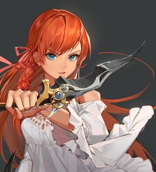  bare_shoulders blue_eyes breasts crow0cc dagger female final_fantasy final_fantasy_xiv grey_background highres holding holding_dagger holding_knife holding_weapon hyur knife long_hair looking_at_viewer medium_breasts orange_hair ryne_waters simple_background solo upper_body weapon 