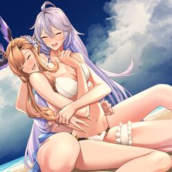  2girls absurdres ahoge bare_arms bare_legs bare_shoulders bikini blue_sky blush breasts bridal_garter brown_hair choker cleavage closed_eyes cloud dutch_angle flower granblue_fantasy grey_hair hair_flower hair_ornament highres hug hug_from_behind long_hair multiple_girls official_alternate_costume open_mouth silva_(granblue_fantasy) sky smile soruna_(nell) swimsuit tweyen_(eternal&#039;s_summer_vacation)_(granblue_fantasy) tweyen_(granblue_fantasy) white_bikini yuri 