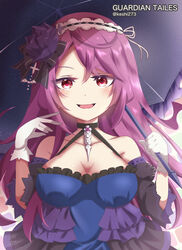  artist_name bare_shoulders breasts cleavage dress female gloves grin guardian_tales hairband holding holding_umbrella keshi273 large_breasts long_hair open_mouth purple_hair red_eyes smile solo umbrella upper_body vampire_girl_karina 