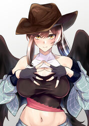  adapted_costume bare_shoulders black_gloves blue_hair blue_jacket blue_skirt blush breasts brown_hair brown_hat collarbone commentary_request cowboy_hat female fingerless_gloves gloves gradient_background grey_background hair_between_eyes hat jacket kurokan_(kokkyou_oudan) kurokoma_saki large_breasts long_hair looking_at_viewer midriff multicolored_hair navel off_shoulder open_clothes open_jacket own_hands_together ponytail skirt solo steepled_fingers stomach touhou yellow_eyes 