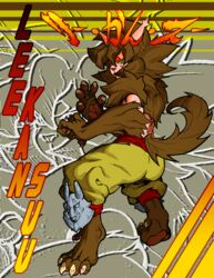  absurd_res anthro arm_tuft brown_body brown_fur canid canid_demon canine canis claws demon eyebrows facial_markings female fluffy fluffy_tail fur hair head_markings hellhound hi_res ink-dood lee_kan_suu mammal mane mane_hair maned_wolf markings martial_arts muscular mythological_canine mythological_creature mythology paws raised_claws shin_guards shoulder_tuft solo spiky_fur tail thick_eyebrows tuft wolf yellow_eyes 