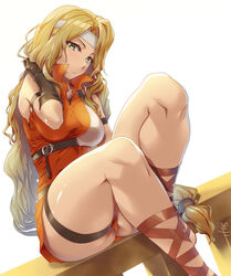  armor ass bare_shoulders belt blonde_hair blush breasts brigid_(fire_emblem) brown_gloves commentary_request commission dress female fingerless_gloves fire_emblem fire_emblem:_genealogy_of_the_holy_war gladiator_sandals gloves green_eyes hand_in_own_hair headband hip_focus long_hair looking_at_viewer low-tied_long_hair muneate partial_commentary pixiv_commission ponytail sajittari sandals short_dress signature simple_background sitting sleeveless sleeveless_dress solo thick_thighs thigh_strap thighs very_long_hair white_background white_headband 