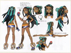  aqua_eyes aqua_hair armlet belly_chain black_hair commentary concept_art crop_top dark-skinned_female dark_skin earrings english_commentary eyelashes eyeshadow female gloves hair_bun holding holding_poke_ball hoop_earrings jewelry long_hair looking_at_viewer makeup multicolored_hair multiple_views navel necklace nessa_(pokemon) official_art poke_ball poke_ball_(basic) pokemon pokemon_swsh reference_sheet scan single_glove single_hair_bun split take_(illustrator) translation_request two-tone_hair 