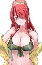  bad_id bad_twitter_id bandeau bare_shoulders bikini black_hair blush breasts cleavage commentary_request earrings female green_bikini hair_over_one_eye hand_on_own_hip highres jacket jewelry kousi_sirazawa lain_paterson lain_paterson_(1st_costume) large_breasts long_hair long_sleeves looking_at_viewer multicolored_hair navel nijisanji off_shoulder ponytail red_hair simple_background smile solo stomach streaked_hair swimsuit upper_body virtual_youtuber white_background yellow_jacket 