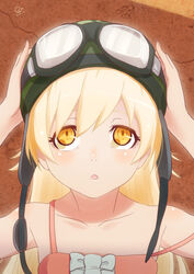  bakemonogatari blonde_hair collarbone dated dress female flat_chest goggles goggles_on_headwear hair_between_eyes hands_on_headwear hands_up helmet huumoon kizumonogatari light_blush long_hair looking_up monogatari_(series) motorcycle_helmet open_mouth orange_eyes oshino_shinobu pink_dress shoulder_blush signature sleeveless sleeveless_dress solo strap_slip upper_body very_long_hair 