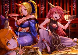  3girls alcohol bare_shoulders blue_kimono breasts cleavage cup grin holding holding_plate horns hoshiguma_yuugi hoshiguma_yuugi_(kimono) ibaraki_douji_(touhou) ibaraki_kasen ibuki_suika japanese_clothes kimono large_breasts long_hair looking_at_viewer masu multiple_girls obi off_shoulder oni oni_horns plate sakazuki sake sash sitting smile smirk spoilers tabard touhou yamasan_ossan 