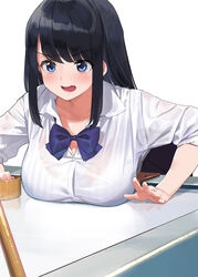  air_hockey bent_over black_hair blue_bow blue_bowtie blue_eyes blush bow bowtie breasts collared_shirt commentary_request convenient_breasts female kaisen_chuui large_breasts long_hair long_sleeves original parted_lips shirt solo white_background white_shirt 