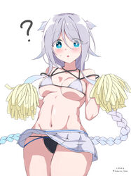  ? alternate_costume bikini black_bikini blue_eyes braid breasts female hair_flaps highres holding holding_pom_poms kantai_collection long_braid long_hair medium_breasts miniskirt mismatched_bikini mole mole_under_eye navel parted_bangs pleated_skirt pom_pom_(cheerleading) saburou_hiji single_braid skirt solo swimsuit umikaze_(kancolle) umikaze_kai_ni_(kancolle) very_long_hair white_bikini white_hair white_skirt 