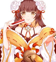  absurdres bell blunt_bangs brown_hair dress emgh7234 exorcist_miya female flat_chest grin guardian_tales hair_ornament hand_fan highres holding holding_fan japanese_clothes jewelry long_hair looking_at_viewer necklace smile twintails white_background yellow_eyes 