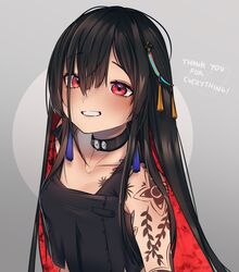  arm_tattoo black_choker black_hair blush choker collarbone colored_inner_hair crop_top english_text female henna highres looking_up multicolored_hair nijisanji nijisanji_in noor_(nijisanji) noto_hams red_eyes red_hair smile solo tattoo upper_body virtual_youtuber 