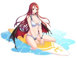  bare_arms bare_shoulders between_legs bikini black_choker breasts caustics choker cleavage epis female hairband halterneck king&#039;s_raid long_hair looking_at_viewer medium_breasts multi-strapped_bikini navel non-web_source o-ring o-ring_bikini official_art red_eyes red_hair smile solo stomach surfboard swimsuit thigh_strap thighs transparent_background water white_bikini wristband 