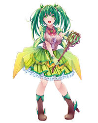  :d blush breasts cleavage creek_(moon-sky) female full_body gloves green_eyes green_gloves green_hair hair_between_eyes highres hitomi_tensei_seventh_girls large_breasts long_hair looking_at_viewer official_art open_mouth sakai_airi simple_background smile solo standing twintails white_background 