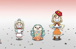  3girls amabie animal_on_head barefoot bird bird_on_head bird_wings blonde_hair blue_hair boots brown_footwear chibi chick commentary_request cup dress ebisu_eika gargling highres holding holding_cup jellyfish knee_boots layered_dress light_brown_hair long_earlobes long_hair multicolored_hair multiple_girls niwatari_kutaka on_ground on_head open_mouth orange_skirt puffy_short_sleeves puffy_sleeves rakugaki-biyori red_hair rock short_hair short_sleeves skirt solid_circle_eyes solid_oval_eyes standing touhou traditional_youkai two-tone_hair white_dress wings worm 