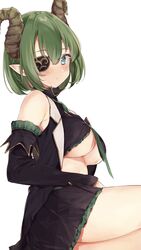  bad_id bad_twitter_id black_skirt blue_eyes blush breasts cleavage closed_mouth commentary_request demon_girl demon_horns detached_sleeves eyepatch female green_hair highres honey_strap horns large_breasts long_sleeves looking_at_viewer nanashi_inc. pointy_ears rippootai sekishiro_mico short_hair simple_background sitting skirt solo thick_thighs thighs underboob virtual_youtuber white_background 