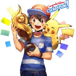  1boy :d artist_name baseball_cap black_hair blush bracelet brown_eyes commentary congratulations fingernails glint hair_between_eyes hat holding jewelry kash-phia male_focus on_shoulder open_mouth pikachu pokemon pokemon_(anime) pokemon_(creature) pokemon_on_shoulder pokemon_sm_(anime) red_headwear satoshi_(pokemon) shirt short_sleeves smile striped_clothes striped_shirt t-shirt teeth trophy upper_teeth_only watermark 