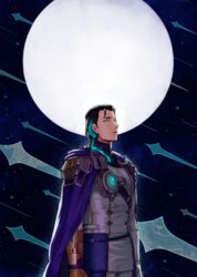  1boy black_hair blue_eyes blue_hair cape commentary_request fate/grand_order fate_(series) gloves gradient_hair jacket long_hair long_sleeves looking_at_viewer male_focus moon multicolored_hair night night_sky nikola_tesla_(fate) nikola_tesla_(planet_rock)_(fate) open_mouth outdoors prosthesis prosthetic_arm sky solo star_(sky) starry_sky yvn_futon 