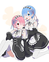  2girls :d apron bad_id bad_pixiv_id black_dress black_ribbon black_sleeves blue_eyes blue_hair blue_ribbon blush breasts cleavage closed_mouth commentary_request dated detached_sleeves dress fuusha hair_ornament hair_over_one_eye hair_ribbon hairclip hands_on_another&#039;s_shoulders juliet_sleeves kneeling knees_up long_sleeves maid medium_breasts multiple_girls neck_ribbon no_shoes open_mouth pink_hair pink_ribbon puffy_sleeves ram_(re:zero) re:zero_kara_hajimeru_isekai_seikatsu red_eyes rem_(re:zero) ribbon roswaal_mansion_maid_uniform short_hair siblings sisters sitting sleeveless sleeveless_dress small_breasts smile teeth thighhighs twins twitter_username upper_teeth_only waist_apron white_apron white_legwear wide_sleeves x_hair_ornament 