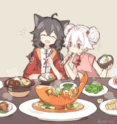  2girls :| ^_^ ahoge animal_ears antenna_hair arm_rest beige_background black_hair blush bowl braid bright_pupils brown_eyes cat_ears china_dress chinese_clothes chinese_knot chopsticks closed_eyes closed_mouth commentary cooking_pot crossed_bangs dated dot_nose double_bun drawstring dress eating elbow_rest english_commentary expressionless facing_viewer fish_(food) flower_knot food from_side garnish hair_between_eyes hair_bun hand_up hands_up happy head_tilt high_collar holding holding_chopsticks hood hood_down long_hair looking_away looking_down low_twintails mandarin_collar meat melan_(melanbread) melanbread multiple_girls mushroom nail_polish notice_lines open_clothes open_mouth original pink_dress pink_pupils plate red_nails rice sauce seafood shiitake short_sleeves shrimp signature smile steam straight-on table tangzhuang tareme taro_(melanbread) three_quarter_view twin_braids twintails upper_body vegetable white_hair wide_sleeves 