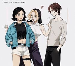  1boy 2girls ^_^ anger_vein aqua_jacket black_eyes black_hair blonde_hair bra_strap breasts brown_hair closed_eyes commentary_request crop_top earrings hands_in_pockets heart highres jacket jewelry medium_breasts midriff multiple_girls navel necklace open_mouth original roru_(lol_dessin) shirt short_shorts shorts sleeveless sleeveless_shirt smile stud_earrings translated white_shorts 