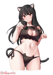  animal_ears black_hair blush breasts cat_cutout cat_ears cat_tail cleavage cleavage_cutout clothing_cutout collarbone commentary_request cowboy_shot cropped_legs ebifurya female highres isokaze_(kancolle) kantai_collection long_hair looking_at_viewer medium_breasts navel parted_lips pawing red_eyes sidelocks simple_background solo tail twitter_username white_background 