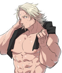  1boy abs arm_hair bara beard cid_nan_garlond facial_hair final_fantasy final_fantasy_xiv grey_hair large_pectorals looking_at_viewer male_focus mature_male medium_hair moustache muscular muscular_male navel nipples nude pectorals simple_background solo stomach sugo6969 towel towel_around_neck upper_body wet wet_hair 