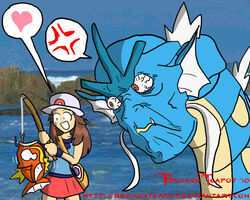  2010 5:4 ambiguous_gender brokenteapot cross-popping_vein female fish fishing fishing_rod frown generation_1_pokemon group gyarados heart_reaction heart_symbol humor iconography leaf_(pokemon) magikarp marine nintendo pictographics pokemon pokemon_(species) pokemon_trainer smile speech_bubble trio 