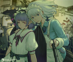  2girls adapted_costume alternate_costume alternate_hairstyle apron architecture backlighting bat_wings black_ribbon blue_bow blue_bowtie blue_dress blue_eyes blunt_bangs blurry blurry_background blush bob_cut bow bowtie braid closed_mouth collared_dress commentary_request cowboy_shot dress earrings floating_hair gensokyo googerm hairband hairbow half-closed_eyes hand_up highres holding holding_stick human_village_(touhou) izayoi_sakuya jewelry light_purple_hair lips lolita_hairband long_sleeves looking_at_viewer maid_headdress medium_hair multiple_girls neck neck_ribbon outdoors outstretched_arm parted_lips photoshop_(medium) pocket_watch pointy_ears pout puffy_short_sleeves puffy_sleeves purple_bow purple_eyes purple_hair remilia_scarlet ribbon sash selfie selfie_stick short_hair short_sleeves sidelocks sky slit_pupils smile stick taking_picture touhou twin_braids two-tone_bow two-tone_ribbon village watch white_dress white_hair wings yin_yang 