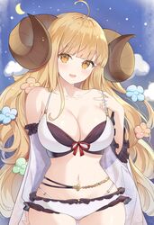  ahoge anila_(granblue_fantasy) anila_(summer)_(granblue_fantasy) bikini blonde_hair blunt_bangs blush breasts cloud collarbone crescent draph female granblue_fantasy highres horns kagami_(kgmgts) large_breasts long_hair looking_at_viewer navel night night_sky official_alternate_costume open_mouth sheep_horns sky smile solo star_(sky) starry_sky swimsuit teeth thick_eyebrows upper_teeth_only white_bikini yellow_eyes 