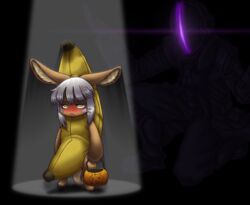  1boy 1other :&lt; angry animal_ears banana banana_costume blush bondrewd bune_poster commentary_request food fruit furry halloween halloween_bucket halloween_costume highres made_in_abyss md5_mismatch nanachi_(made_in_abyss) self-upload spotlight white_hair yellow_eyes 