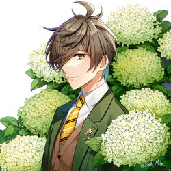  1boy ahoge blazer brown_hair brown_vest collared_shirt flower flower_ornament green_eyes green_jacket hair_over_one_eye highres hydrangea jacket lapel_pin looking_at_viewer male_focus mole mole_under_eye necktie nijisanji oliver_evans oliver_evans_(1st_costume) plant shirt short_hair signature smile solo teeth tie_clip upper_teeth_only vest virtual_youtuber white_flower white_shirt yellow_necktie yuuhi_mika 