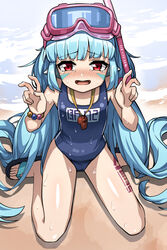  absurdres ao_(user_xcnx5328) barcode blue_hair blush bracelet facial_tattoo female flat_chest guardian_tales highres jewelry korean_commentary little_android_aa72 long_hair looking_at_viewer one-piece_swimsuit open_mouth outdoors red_eyes sand school_swimsuit sitting solo swimsuit tattoo tears thighs twintails v very_long_hair wariza water wet wet_clothes 