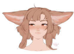  ahoge animal_ear_fluff animal_ears artist_name blush brown_eyes close-up collarbone commentary cropped_torso english_commentary female fox_ears fox_girl freckles khiara_(personal_ami) light_brown_hair looking_to_the_side original personal_ami portrait short_hair sidelocks simple_background solo thick_eyebrows white_background 