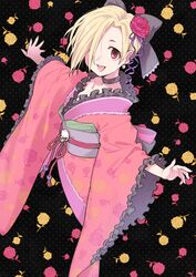  adapted_costume blonde_hair choker commentary_request female floral_background flower frilled_sleeves frills hair_flower hair_ornament hair_over_one_eye idolmaster idolmaster_cinderella_girls japanese_clothes kimono nail_polish nanonin obi open_mouth polka_dot polka_dot_background red_eyes sash shirasaka_koume short_eyebrows short_hair skull smile solo 