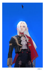  absurdres ascot bird border cape commentary_request edelgard_von_hresvelg female fire_emblem fire_emblem:_three_houses garreg_mach_monastery_uniform hair_over_one_eye highres long_hair purple_eyes red_cape roru_(lol_dessin) signature solo upper_body white_border white_hair 