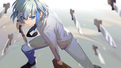  1boy aqua_hair black_necktie blue_eyes blue_hair blurry bob_cut briefcase collared_shirt depth_of_field fighting_stance floating floating_object floating_weapon from_above harrymiao highres holding holding_briefcase holding_sword holding_weapon khun_aguero_agnis legs_apart long_sleeves looking_at_viewer male_focus multicolored_hair necktie pants shirt shoes short_sword smile solo squatting standing streaked_hair sword tower_of_god weapon white_hair white_pants white_shirt 