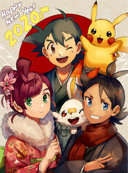  2020 2boys ;d alternate_costume antenna_hair black_hair blue_eyes brown_eyes chloe_(pokemon) clenched_teeth closed_mouth commentary eyelashes female flower goh_(pokemon) green_eyes hair_between_eyes hair_bun hair_flower hair_ornament happy_new_year highres japanese_clothes kash-phia kimono multiple_boys new_year on_shoulder one_eye_closed open_mouth pikachu pokemon pokemon_(anime) pokemon_(creature) pokemon_journeys pokemon_on_shoulder red_scarf satoshi_(pokemon) scarf single_hair_bun smile teeth tongue upper_teeth_only w 