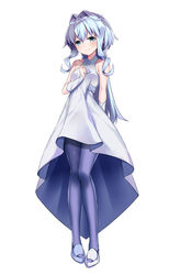  arm_behind_back blue_eyes blue_hair blue_pantyhose dress female full_body gundam gundam_build_divers hair_intakes hand_on_own_chest highres long_hair pantyhose photoshop_(medium) sara_(gundam_build_divers) shimo_(shimo_00) shoes simple_background sleeveless sleeveless_dress smile solo white_background white_dress white_footwear 